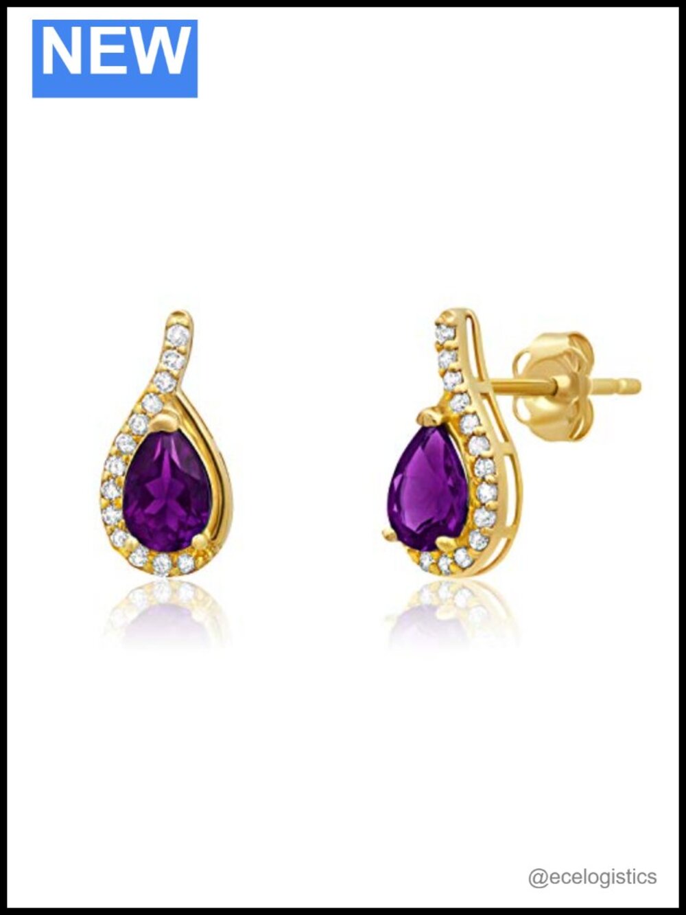 14K Gold Amethyst Diamond Pear Drop Stud Earrings